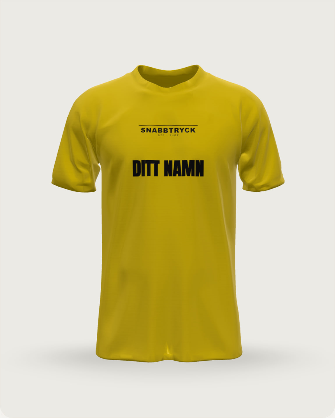 T-shirt i färgen gul med tryck: logotypen Snabbtryck och texten DITT NAMN. Visar framsidan.
